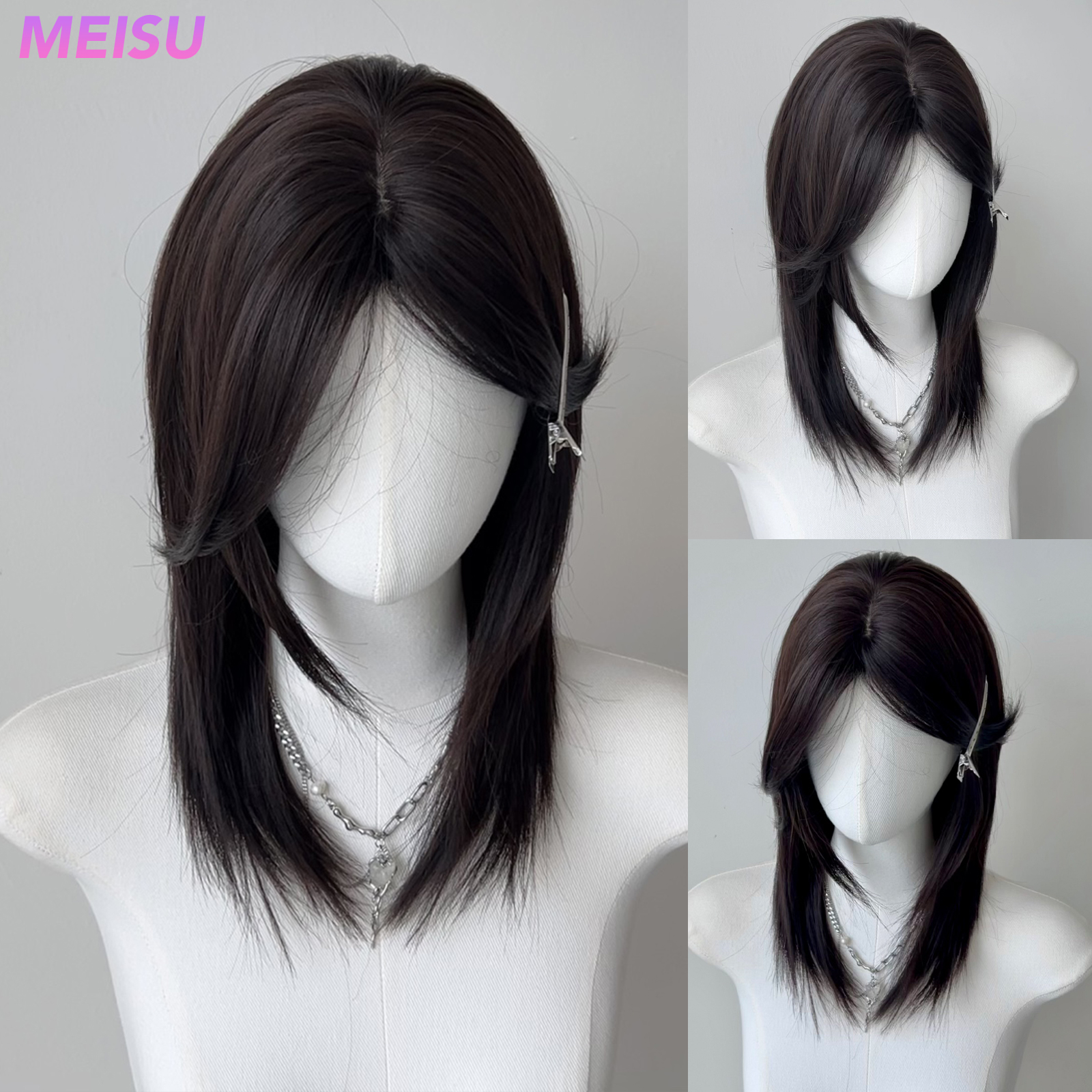Meisu 20 tommers syntetisk sølv hvit pannelugg parykklengde rett unisex parykk fiber varmebestandig naturlig fest eller selfie