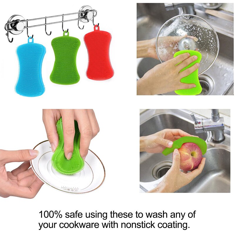 3PCS Silicone Dish Washing Brush Pot Pan Sponge Scrubber Silicone Scouring Pad Fruit Pot Pan Wash Brushes Kitchen Cleaning Tool