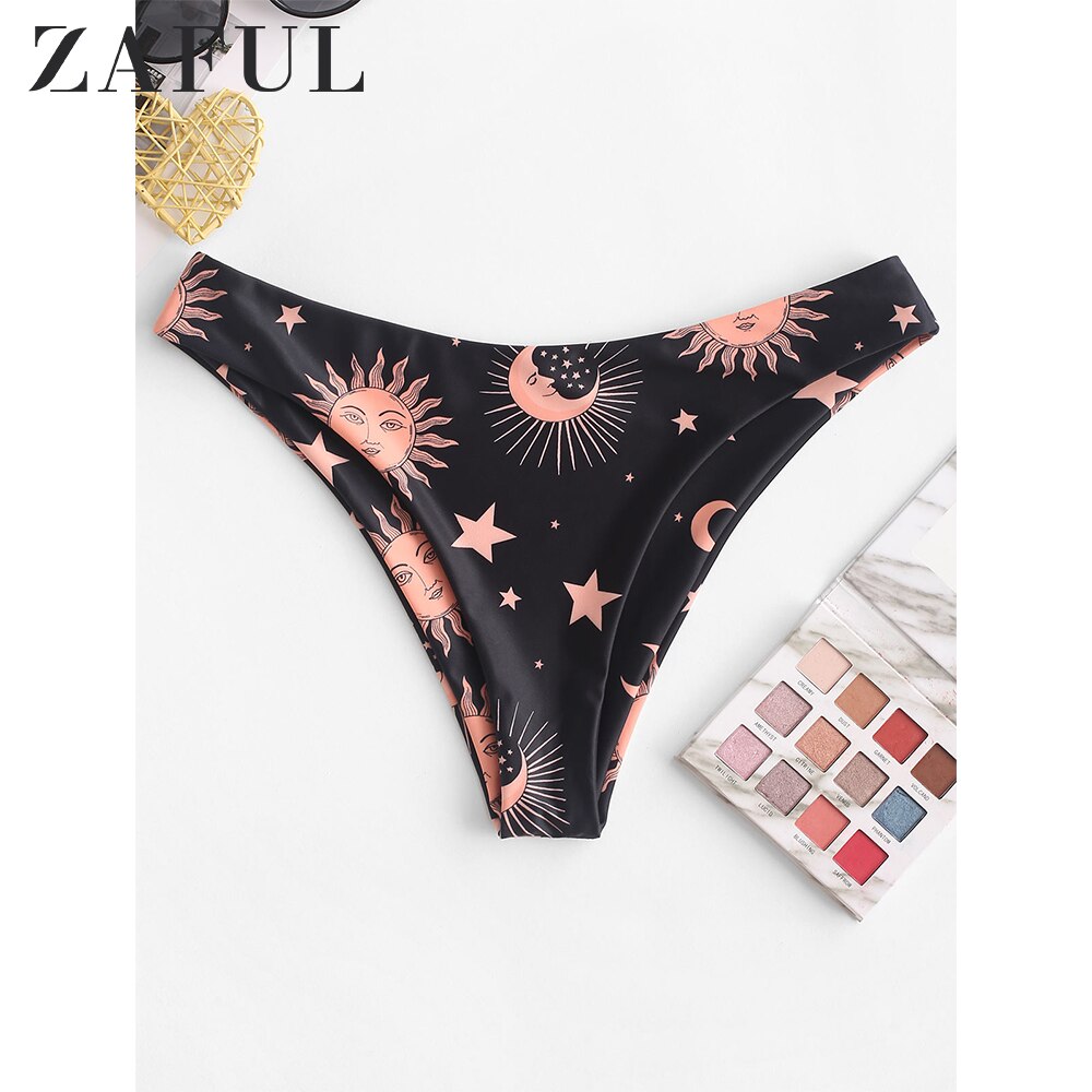 Zaful Sun Moon Star Print Hoge Cut Bikini Bottom Voor Vrouwen Lage Waisted Bikini Slips Dames Celestial Zwemmen Slipje