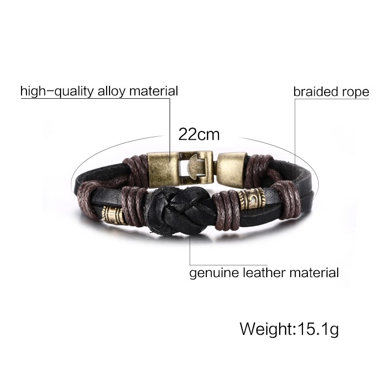 2 STKS heren Vintage Donkerbruin Zwart Dubbele rij Lederen Nautische Knoop Armband voor Mannen Polsbandje Touw met legering Gesp Sieraden