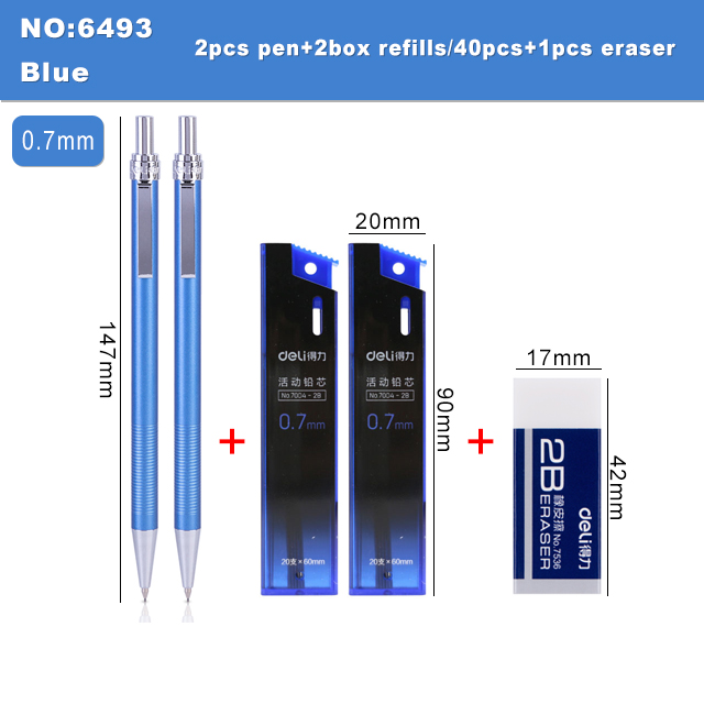 Deli Metal Mechanical Pencil 0.5 0.7mm Lead 2B Drawing Writing Activity Pencils For Artist School And Office Stationeries: 6493-Blue-0.7mm