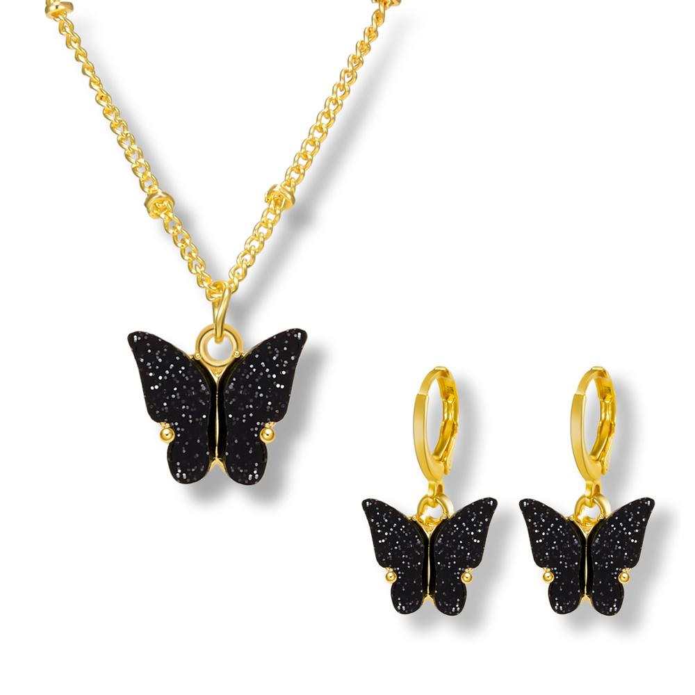 Ensemble de bijoux pendentif papillon en acrylique, scintillant, adorable ensemble de boucles d'oreilles et collier, de Style japonais et sud-coréen: black