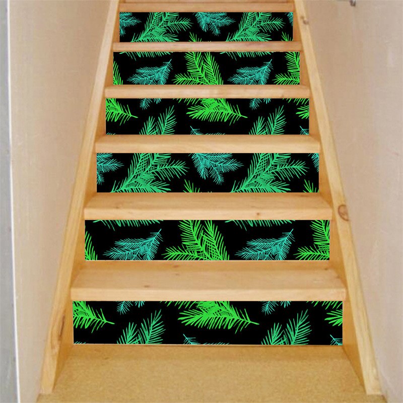 6 Pieces Stair Stickers Stylish Leaf Print Vinyl Self-Adhesive PVC Staircase Decals for Home Decoration