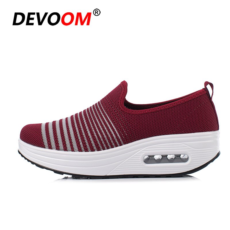 Platform Sneakers Women Slip on Slimming Fitness Shoes Summer Breathable Mesh Swing Air Cushion Sport Toning Shoes Woman: Red / 7.5