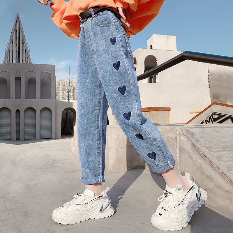 Pantalones vaqueros con patrón de corazón para niñas, ropa para niños, 4, 5, 6, 7, 8, 9, 10, 11, 12 años