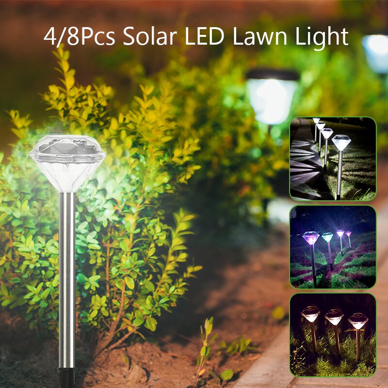 4/8 stk diamantformet solcelle led græsplæne lys farve skiftende udendørs gård have led lys jord lys lampe hvid/varm/rgb lys