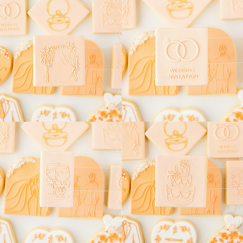 Verktøy for bryllupskakedekorering, kakepresse, stempel, pregemaskin, kjeksutstikker, fondant, sukkerhåndverk, kakeutstikkere, form, kakeform