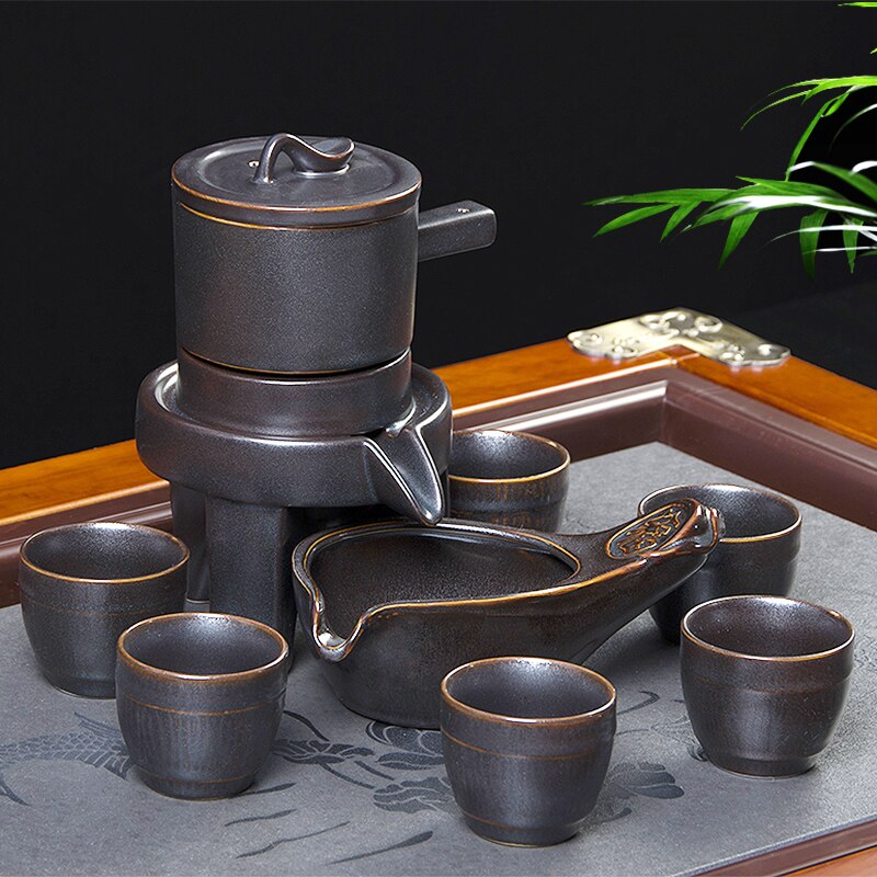 Semi-automatic Tea Set Stone Mill Teapot Household Simple Lazy Ceramic kungfu Tea Cup Set