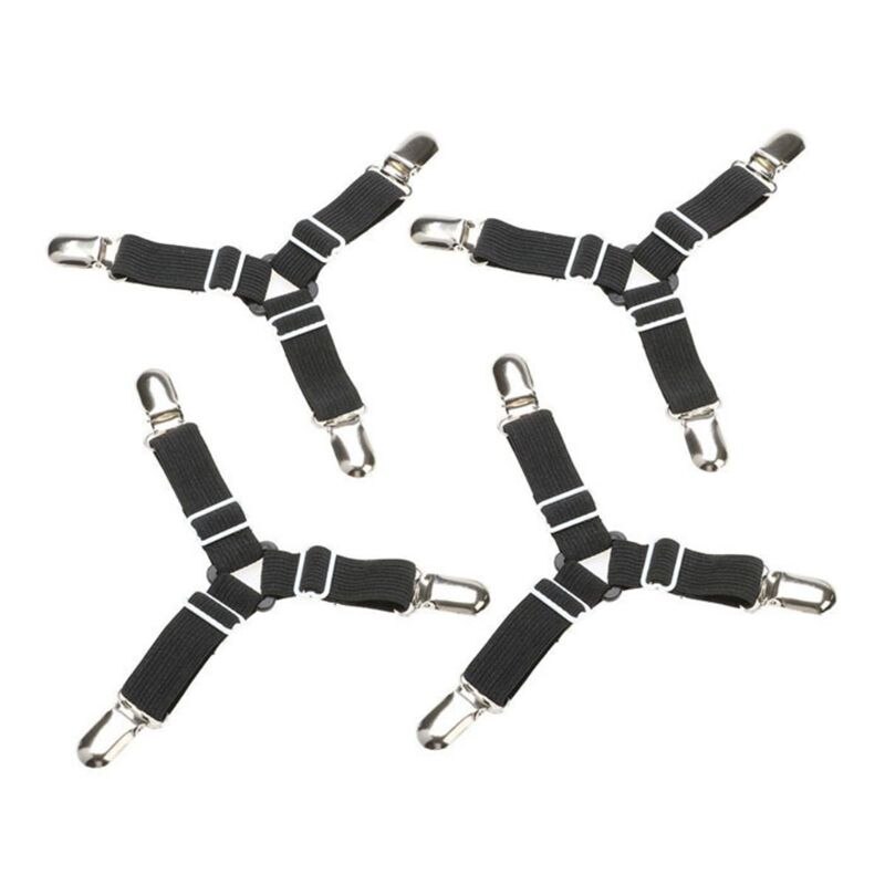 Antislip 4 stuks verstelbare bedlakenklemmen bevestigingsriem bankhoes grippers houder matras deken beddengoedset: Zwart