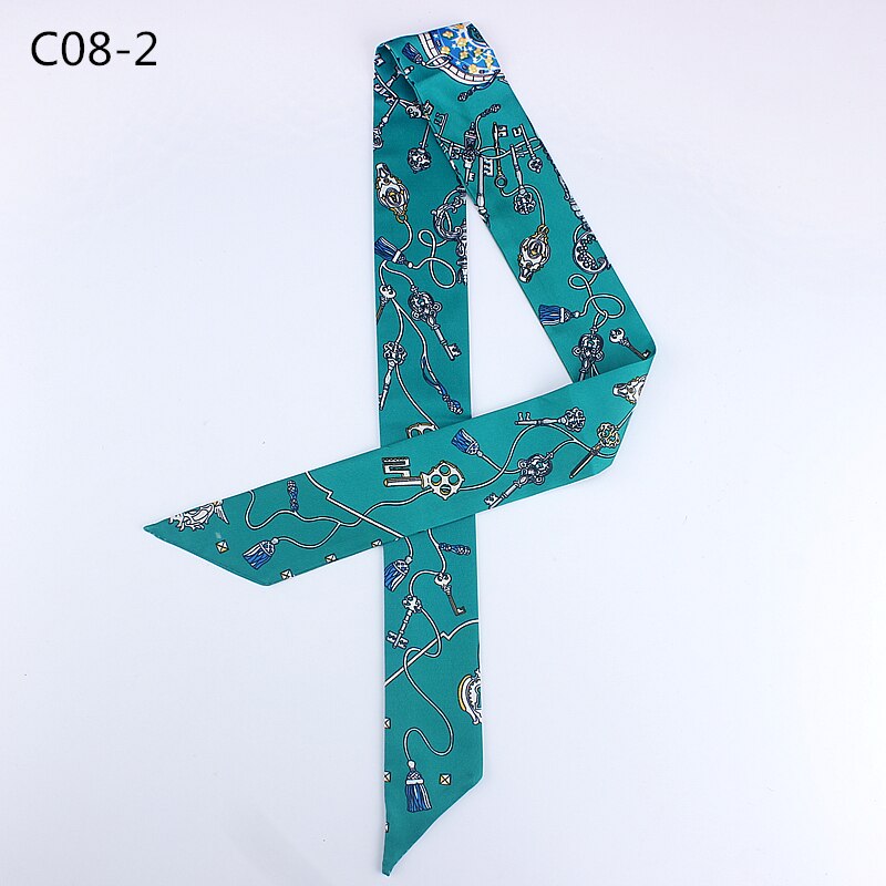 nouvelle écharpe serrure chaîne imprimer femmes foulard en soie de foulard petite cravate poignée sac rubans petits longs foulards gland: c08-2