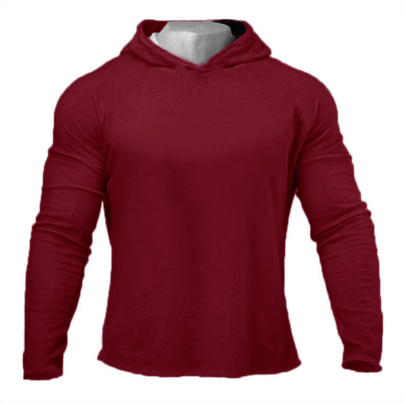 Ropa de gimnasio de Color sólido, camiseta ajustada de manga larga con capucha, Sudadera con capucha transpirable de algodón, ropa deportiva muscular para culturismo y Fitness para hombre: M / Rojo