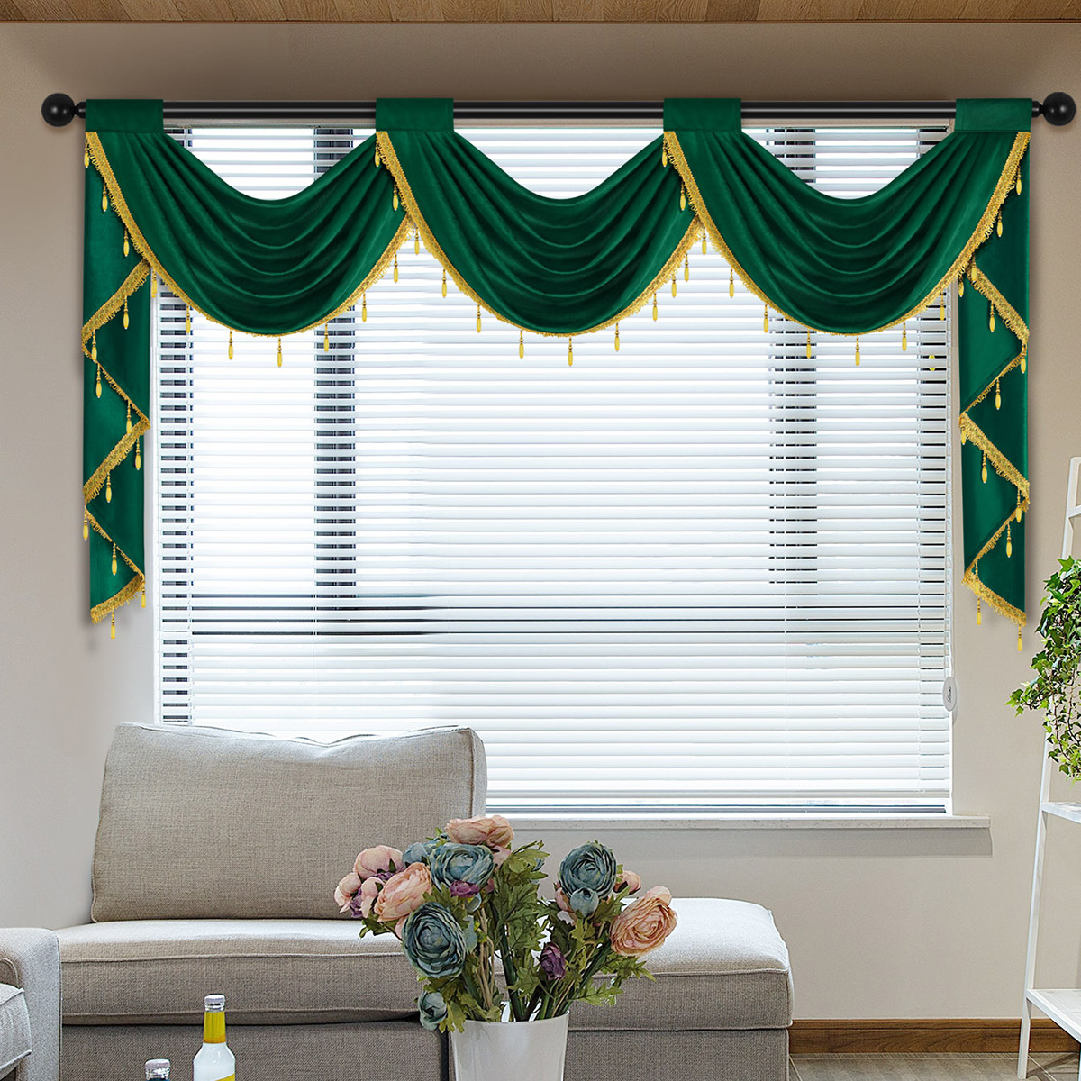 Rideau cantonnière de luxe européen, poche pour tringle, tissu en velours italien doux, tête de rideau de couleur unie pour salon et chambre à coucher, 1 pièce: green