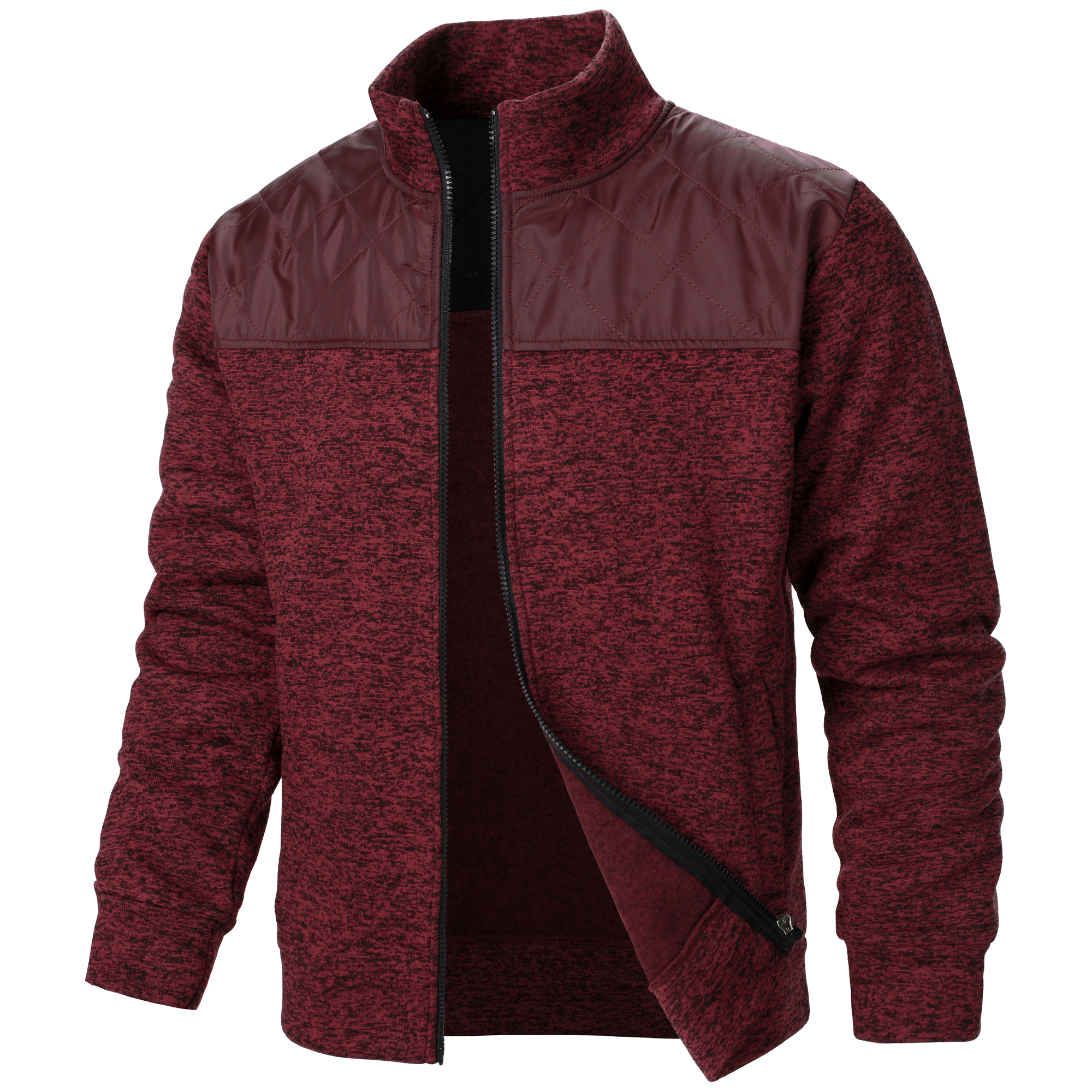 Manteau pull à col montant pour hommes, rayé, à carreaux, avec fermeture éclair, couleur, automne/hiver: S / Bourgogne