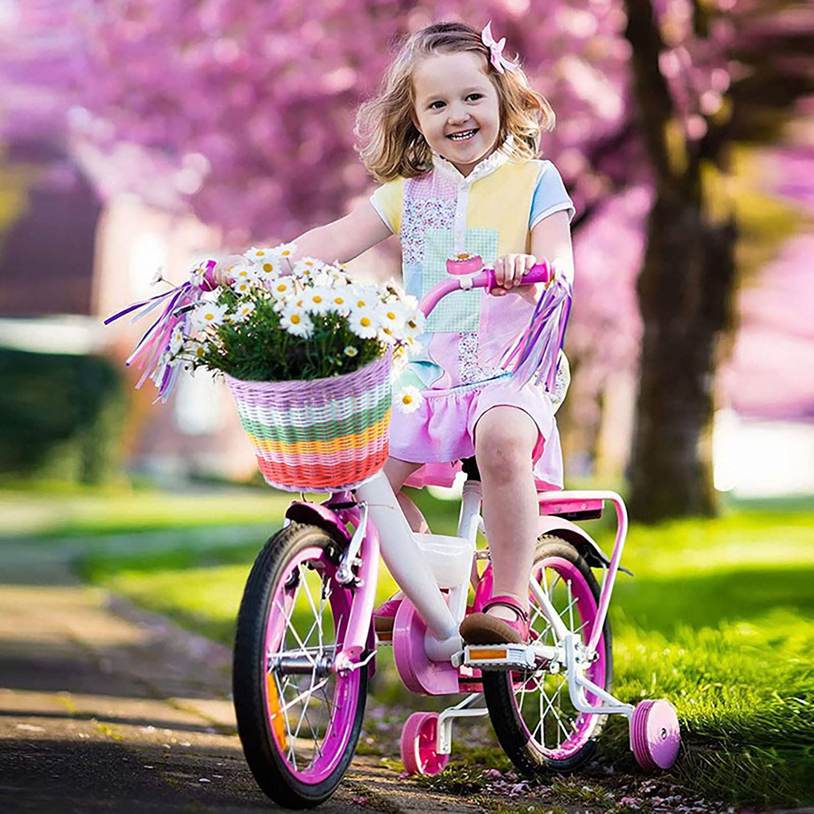Rainbow color Bicycle Basket for Kid Front Handlebar Rattan Picnic Basket Plastic Bike bag Water Bottle Dolls case