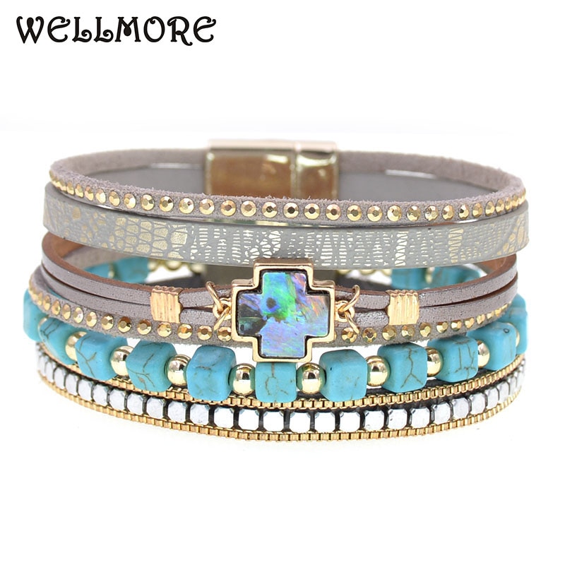 Wellmore Bohemen Cross Armbanden Voor Vrouwen Stone Kralen Wrap Armbanden Lederen Armbanden En Armbanden Vrouwelijke Sieraden