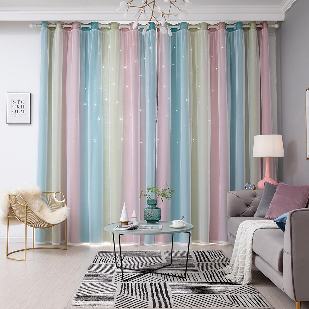 Gradient Hollow Star Curtain Bedroom Full Blackout Colorful Hollow Star Sheer Window Drapes Home Decor For Kid Girl Bedroom