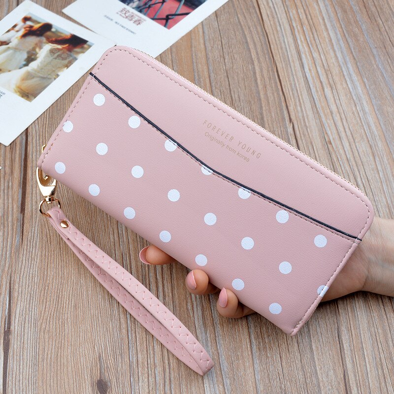 Women's Wallets Women's Long Zippers Korean Student Polka Dot Wallets Large Capacity Hand Bag Soft Wallets: Pink