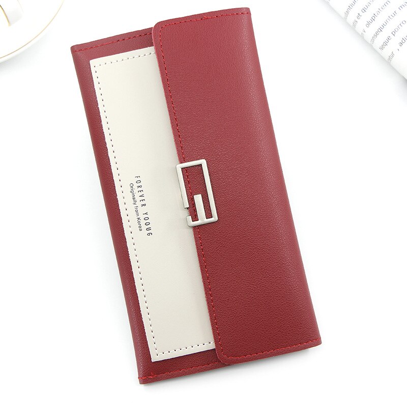 Style Long Korean Style Women's Wallet Simple Clutch Bag Tri-Fold Multi-Function Buckle Multi-Card Position Change Wallet: red