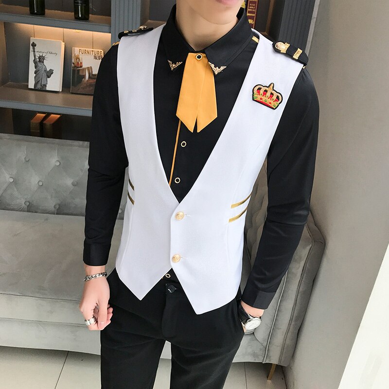 Borduren Crown Jurk Vesten Voor Mannen Slim Fit Vest Suits Casual Zaken Wedding Tuxedo Vest Gilet Chalecos Para Hombre