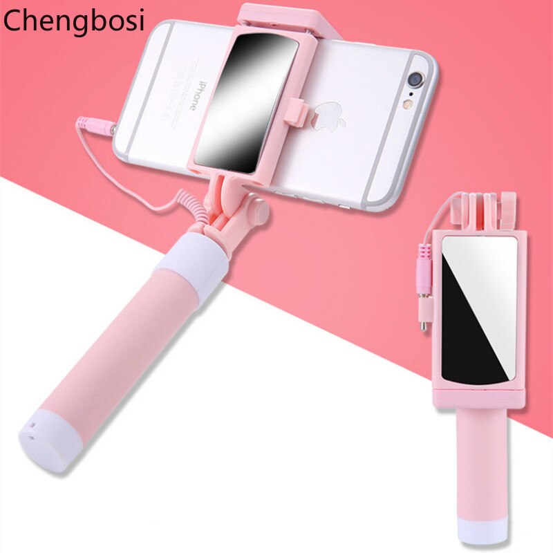 Universal wired selfie stick with mirror for iphone 6 5 xiaomi android phone, candy monopod, palo selfie stick tripod holder