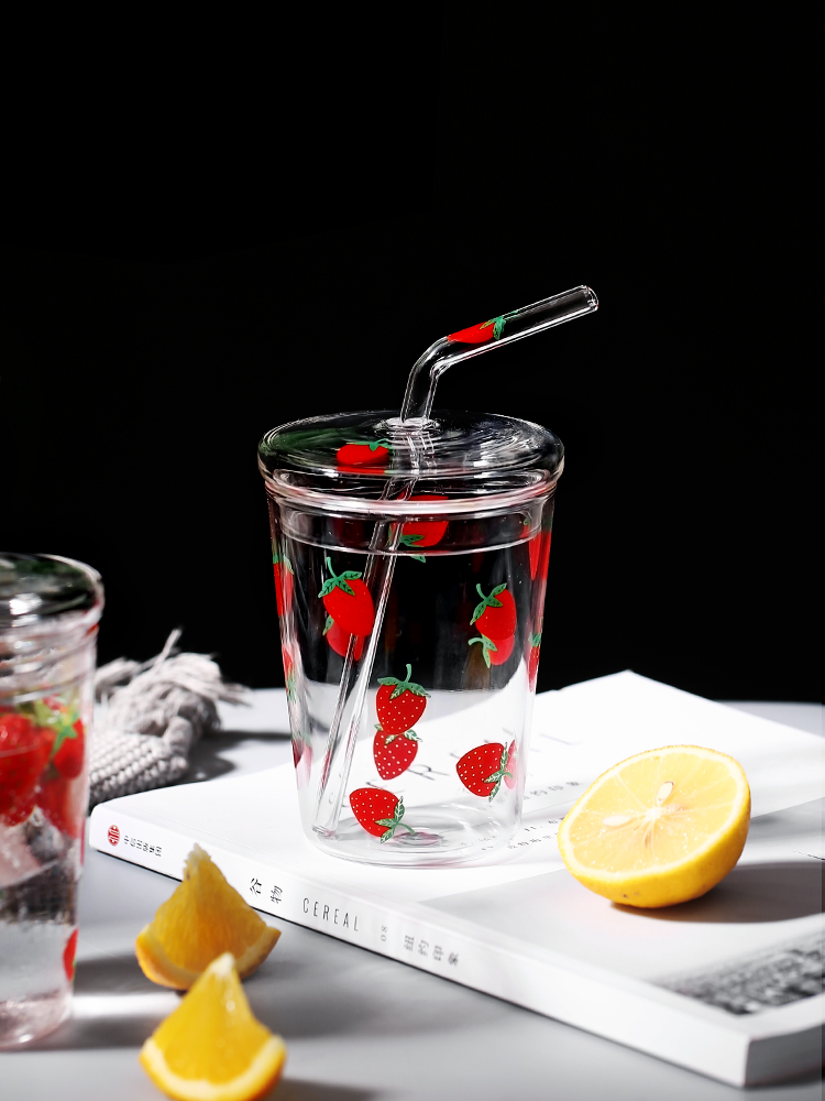 Aardbei Glas Water Cups Met Glas Stro 320Ml Glas Met Stro Melk Sap Cup Voor Kinderen Vriendin