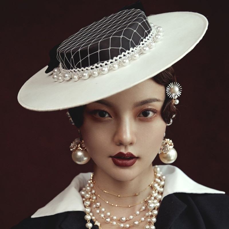 Sinamay – chapeaux de mariage Vintage en perles pour femmes, filet de mariée, blanc, noir, accessoire de mariage, fascinateur, voile de cage à oiseaux