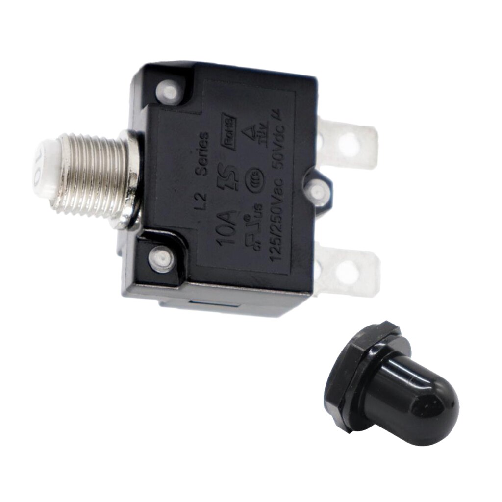 10 Amp Push Button Circuit Breaker 50V DC or 250V AC, Mounts in 3/8 inch (10 mm) Round Hole, Black Button Cap