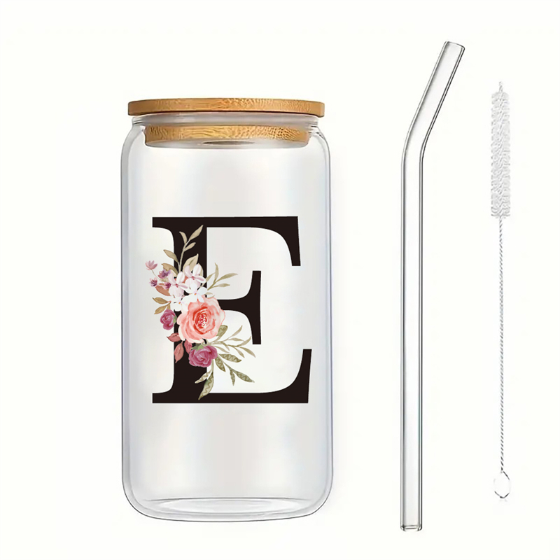 Alphabet Flowers Drinking Glass Letter A-Z Iced Coffee Water Juice Bottle Portable Clear Cup with Lid Straw Brush Birthday: Yellow
