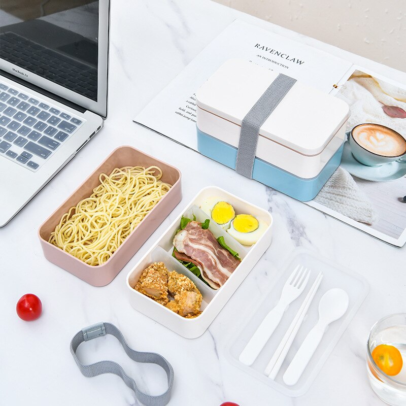 1200ml Double Layers Lunch Box With Spoon and Fork Healthy Plastic Bento Boxes Microwave Food Storage Container Lunchbox