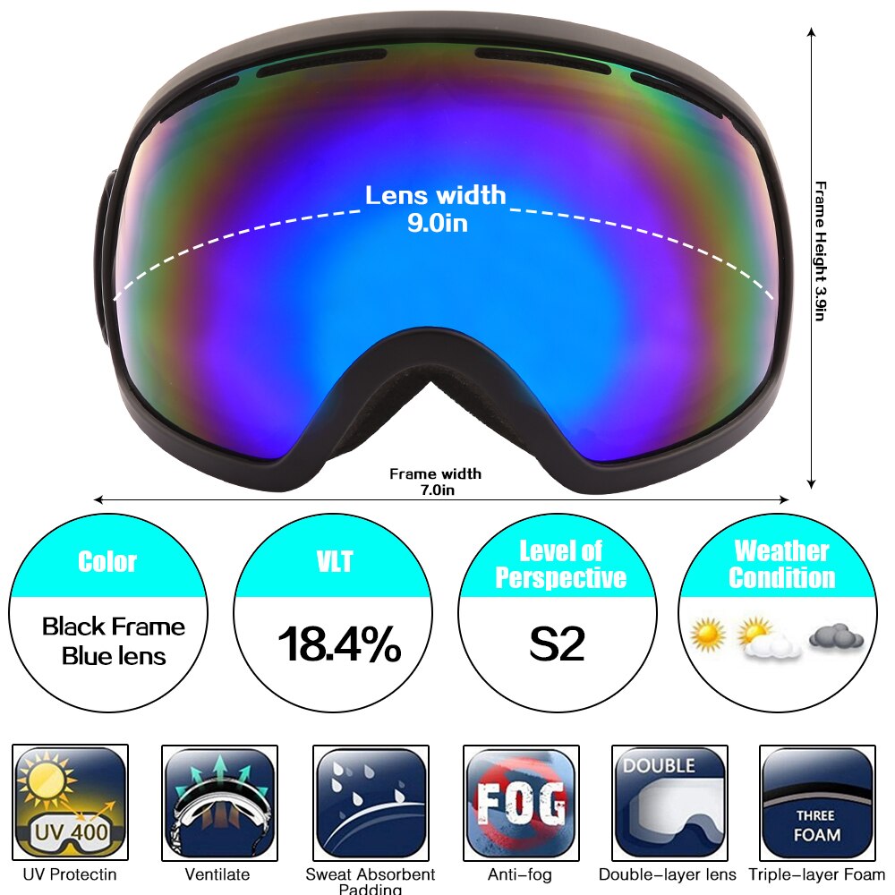 Jiepolly heren dames skibril met grote visie, dubbele lens, snowboard,  uv400 beschermingsbrillen met anticondensfunctie, skibrillen: Zwart montuurblauwe lens