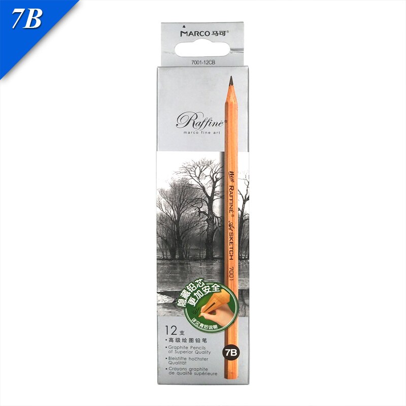 Marco Raffine Sketch Drawing Pencils Set 9B 8B 7B 6B 5B 4B 3B 2B B HB H 2H 3H Standard Pencil for Sketching Office School: 12pcs 7B