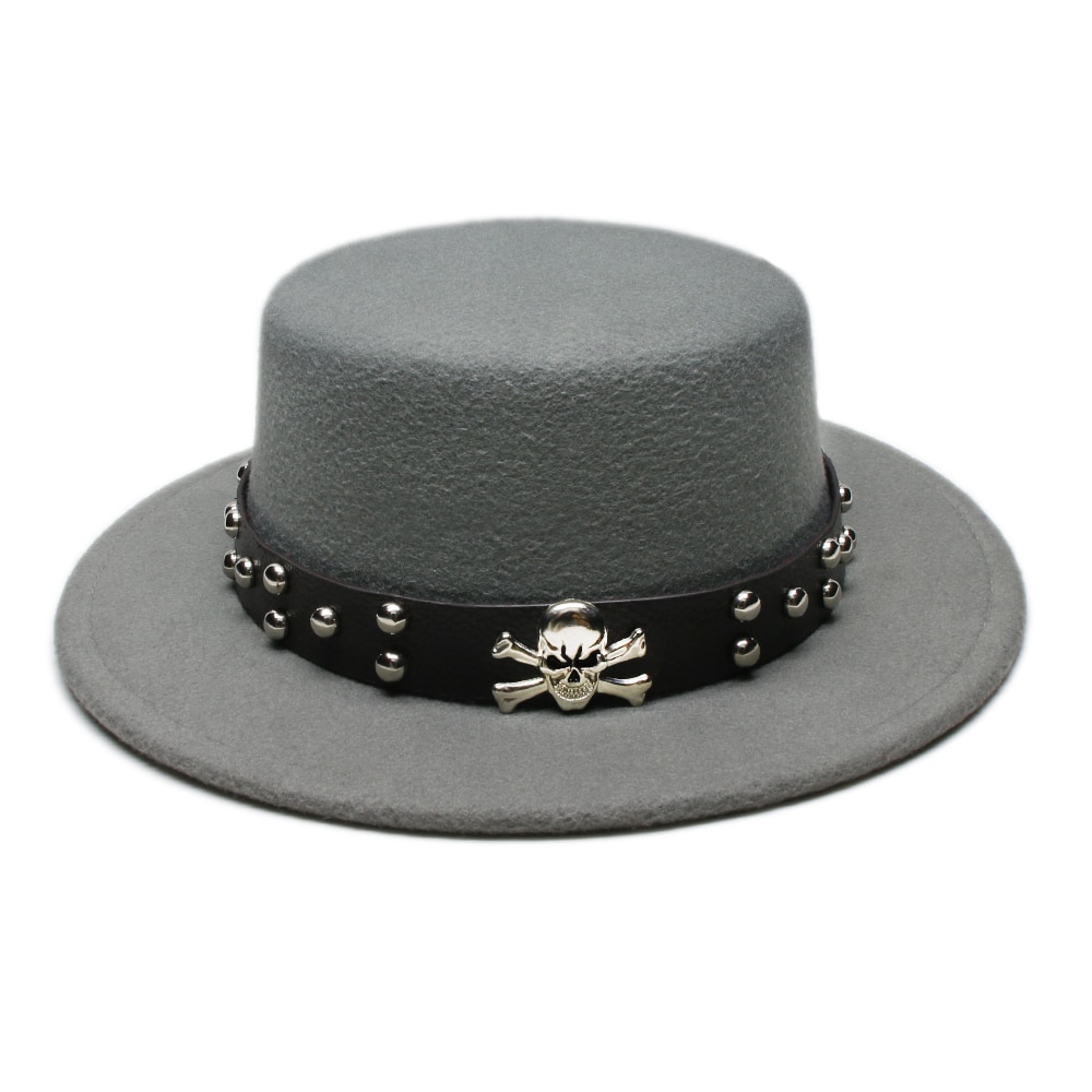 Retro dödskalle läderband förälder-barn unisex /barn ull bred brätte fedora fläskpaj fläsk-paj hatt bowler rund keps  (57cm/54cm): Grå / Barn storlek 54cm