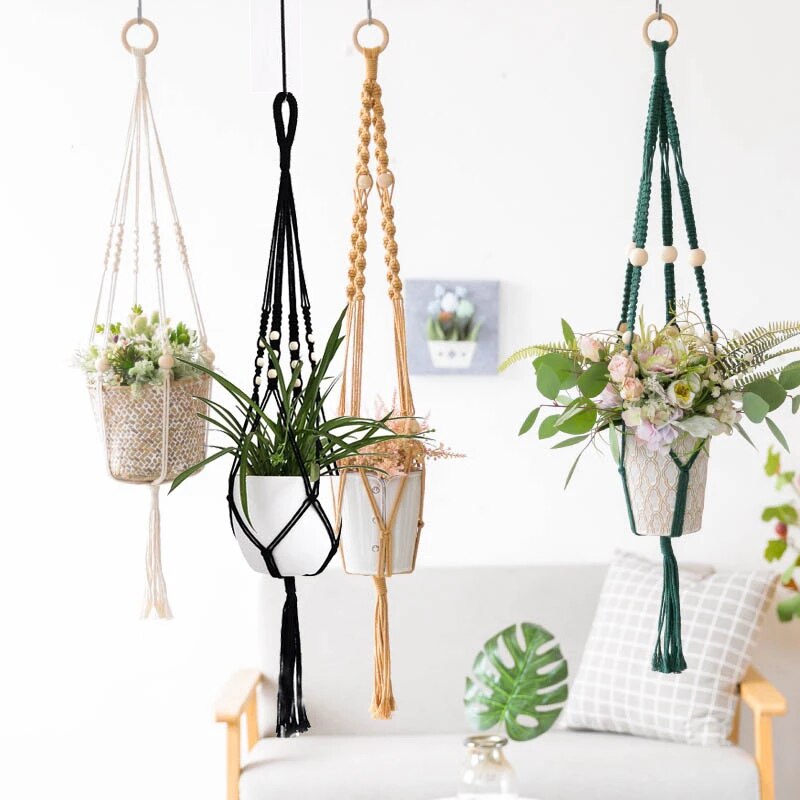 Macrame Plant Hanger Groen Geel Beige Met Bean Groen Geel Zwart