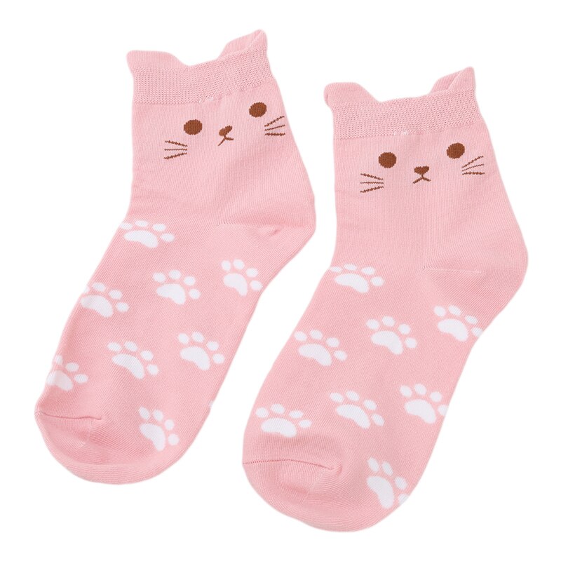 5 Pairs Leuke Harajuku Vrouwen Sokken Set Cartoon Print Katten Poot Patroon Katoenen Sokken Met Kat Oren Voor Vrouwen herfst Sokken: pink