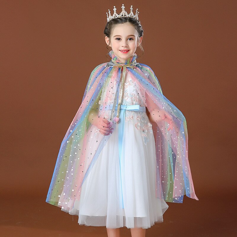 Boiiwant 4-10t pige regnbue pailletter kappe kappe kostume snoretræk tyl prinsesse sofia jasmin aurora fancy dress up kappe