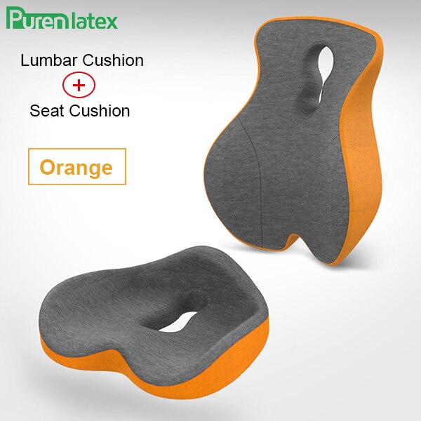 Purenlatex Chair Cushion Set Memory Foam Seat Cushion Lumbar Support Orthopedic Pillow Protect Coccyx Relieve Back Pain Car Seat: Orange Set