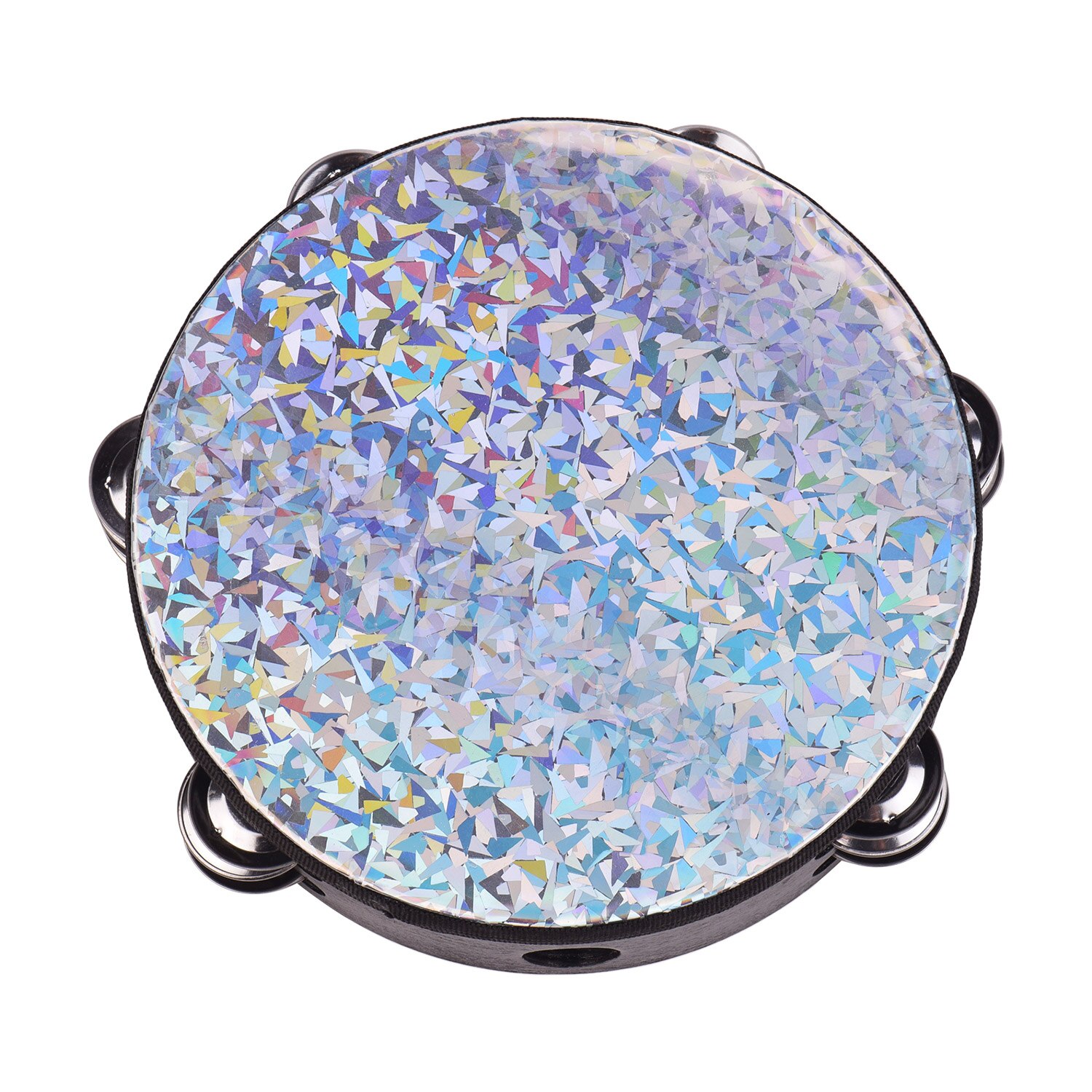 Pandereta de madera radiante de 10 pulgadas, tambor de mano con dobles hileras, Jingles, instrumento de percusión con cabezal de tambor reflectante brillante