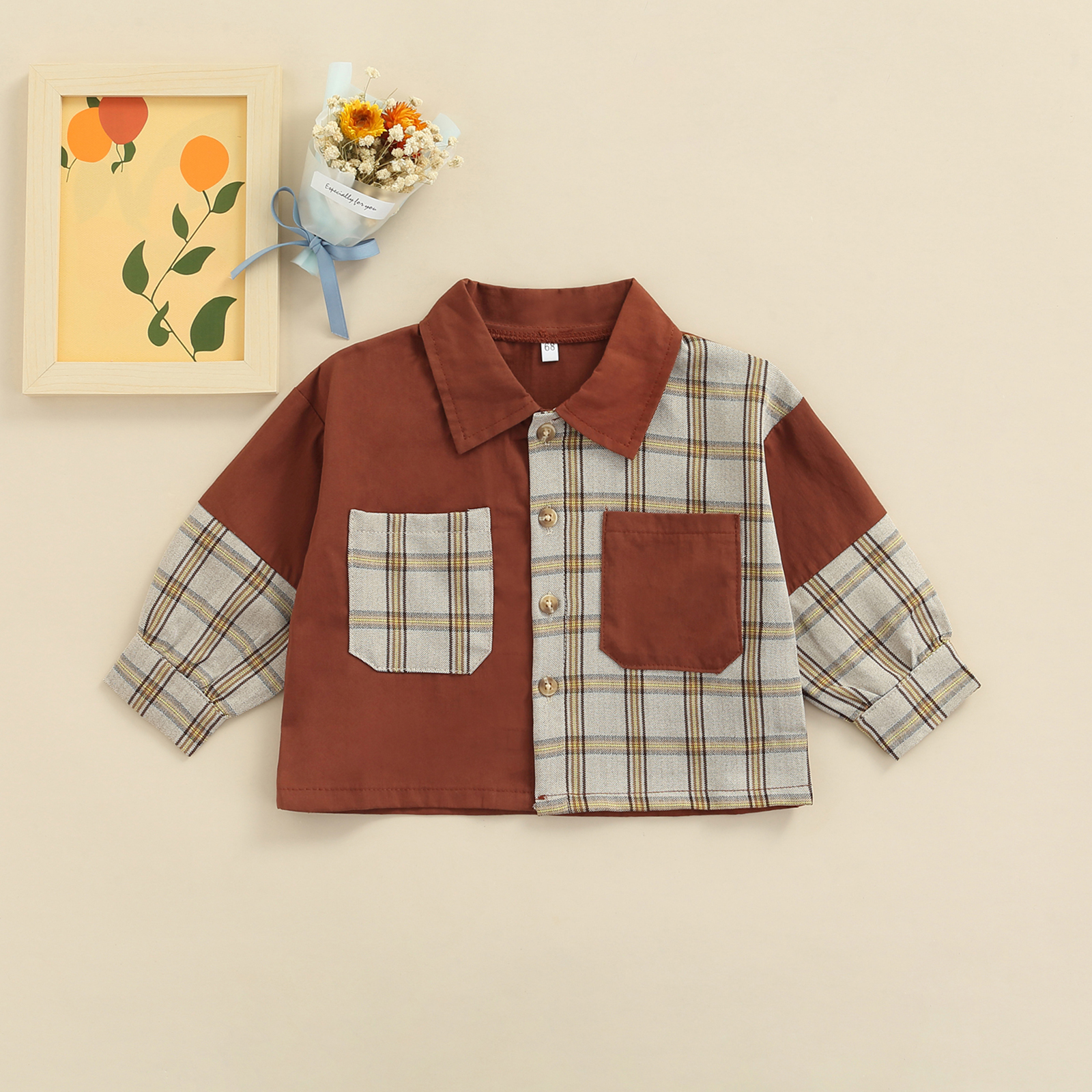 0-24M Neugeborene Jungen Mädchen Herbst Tasten Hemd Kontrast Farbe Patchwork Plaid Langarm Revers Bluse