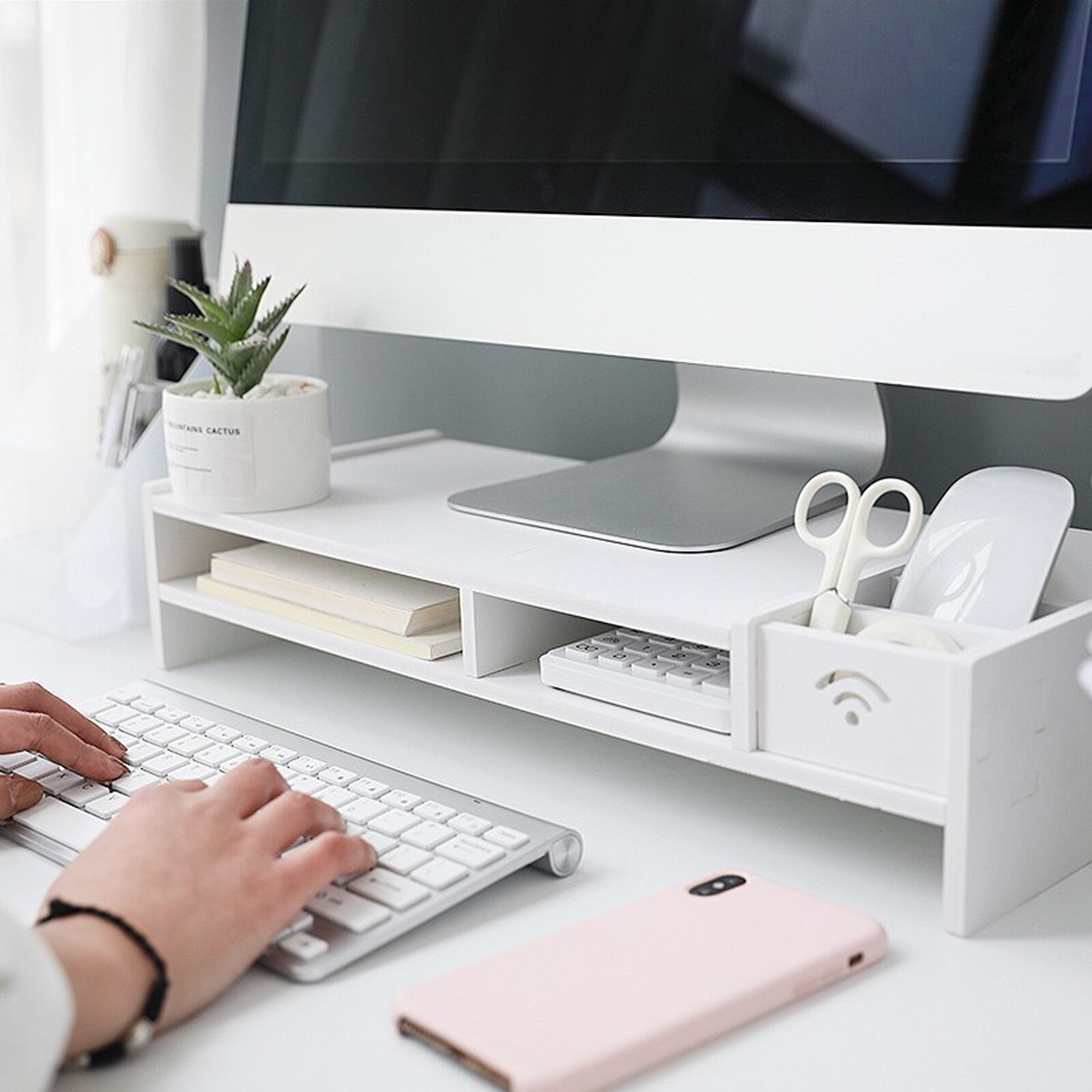 Besegad Pc Computer Monitor Stand Riser Laptop Houder Houten Bureau Organisator Plank Eenvoudig Monteren Voor Home School Office Desktop