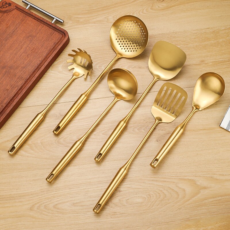 7pcs Golden Set Stainless Steel Spatula Kitchen Cooking Tools Soup Spoon Big Drain Cooking Shovel Colander Spoon Set