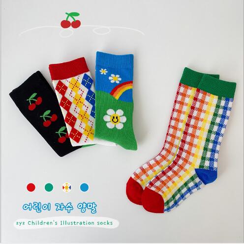 1-8Year 4Pairs Lente En Zomer Gestreepte Regenboog Plaid Kids Katoen Kinderen Buis Sokken