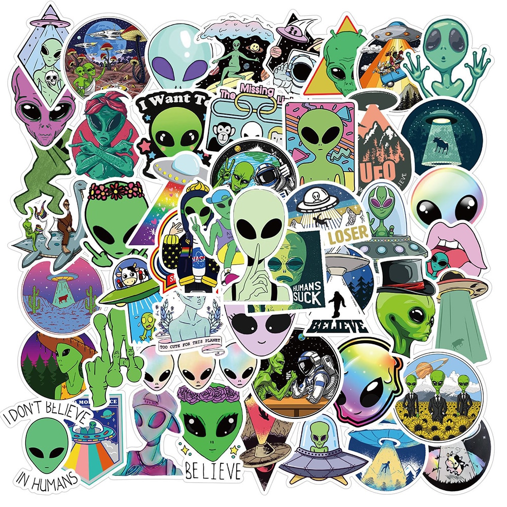 50PCS E.T UFO Alien Sticker Cosmic Space Creature Astronaut Cartoons Stickers For Fridge Skateboard Bicycle Motorcycle Car