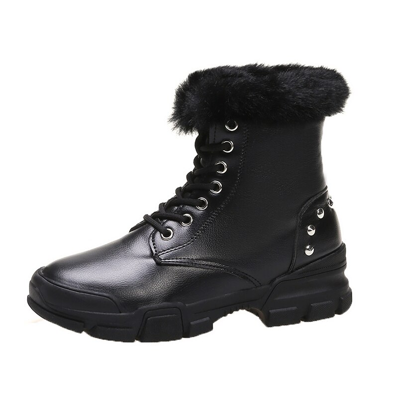 Mode Lederen Bont Gevoerde Vrouwen Casual Korte Enkellaarsjes Winter Laarzen Voor Dames Lace Up Snowboots Schoenen Zwart Wit U357: Black / 35