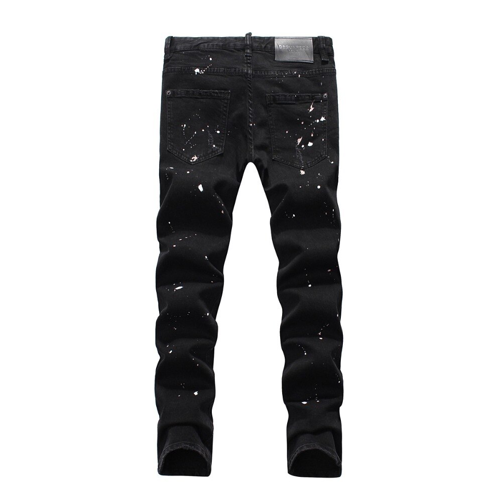 Style européen américain hommes Denim jean célèbre droite fermeture éclair mince noir trou jean crayon pantalon pour hommes