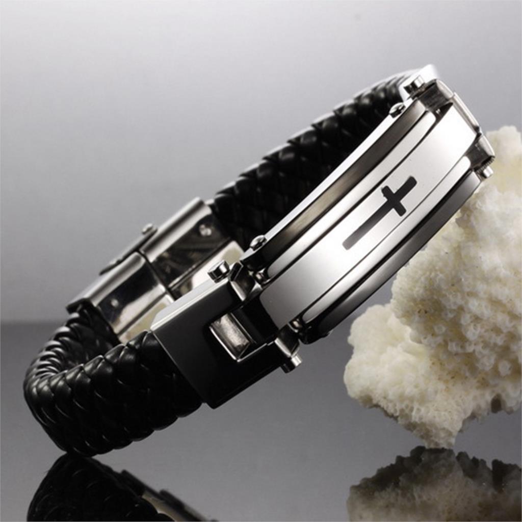 Jiayiqi Punk Cross Stainless Steel Braided Cuff Leather Bracelets Men Woven Bangle For Men Jewelry Christmas