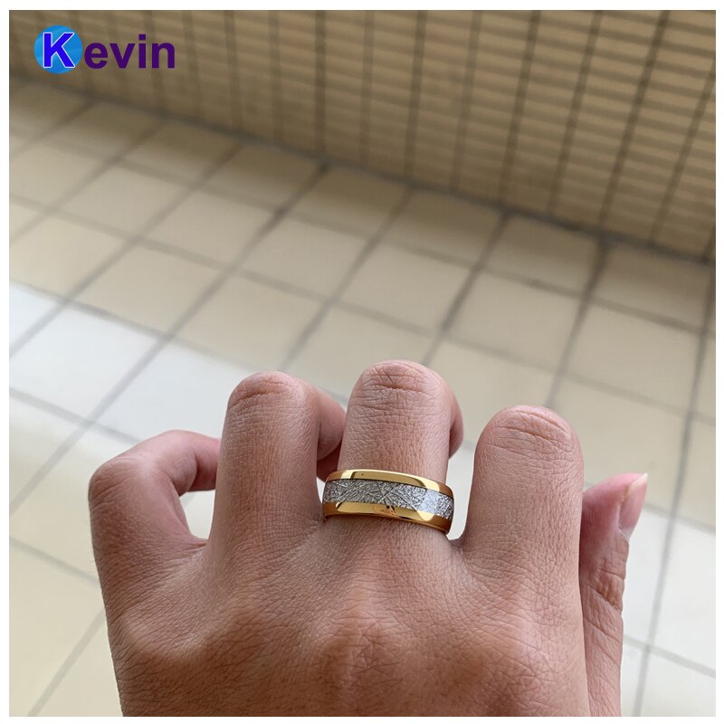 Gouden Ring Tungsten Wedding Band Met Witte Meteoriet Inlay Breedte 8mm