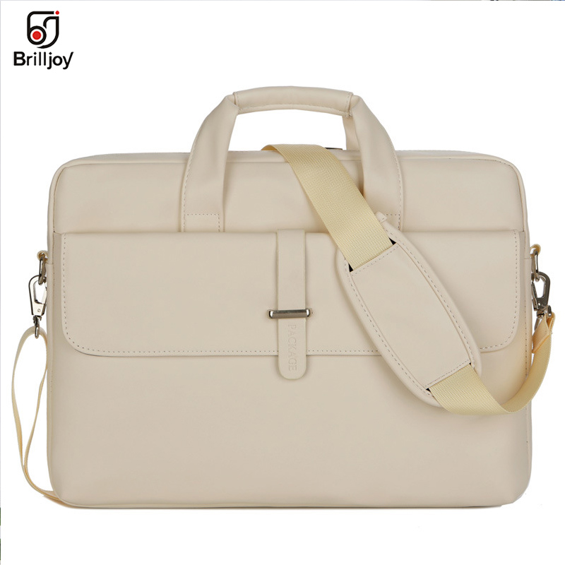 Brilljoy PU Leather women Handbags Laptop Bag Notebook Carrying Case men Briefcase for Macbook Air 13 14 15.6 inch shoulder Bag: Beige 15inch