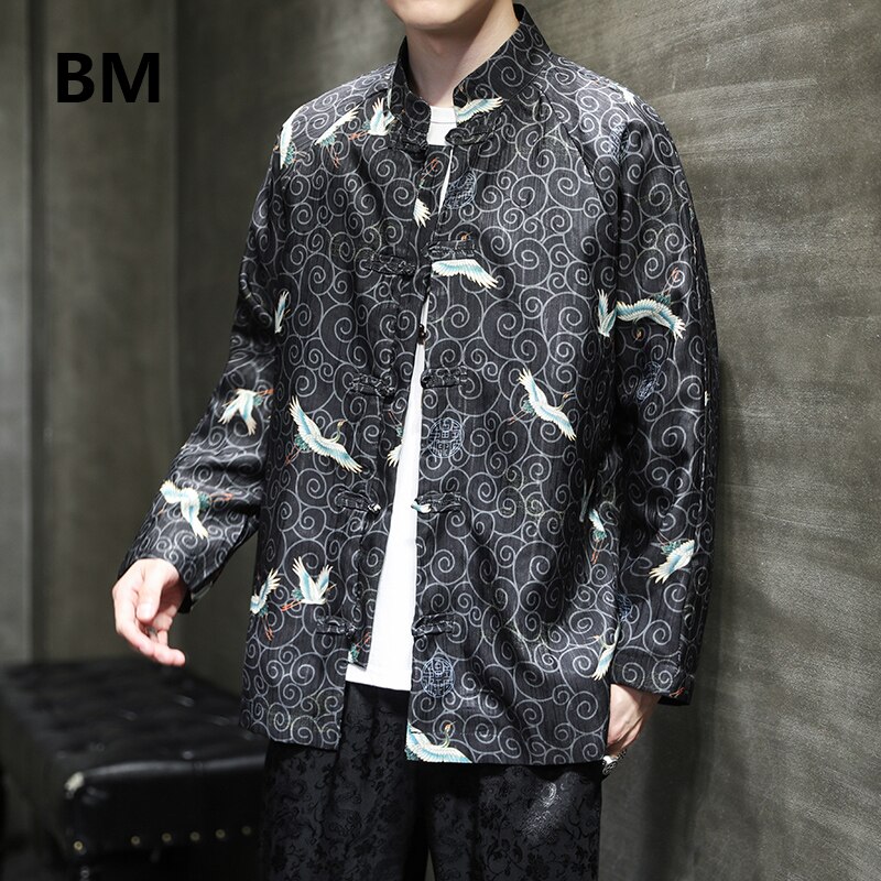 Kiinalaistyyliset vaatteet tang puku nosturi print hanfu miesten vaatteet retro takki etninen zen vaatteet antiikin tyyliin topit: Musta / Xl