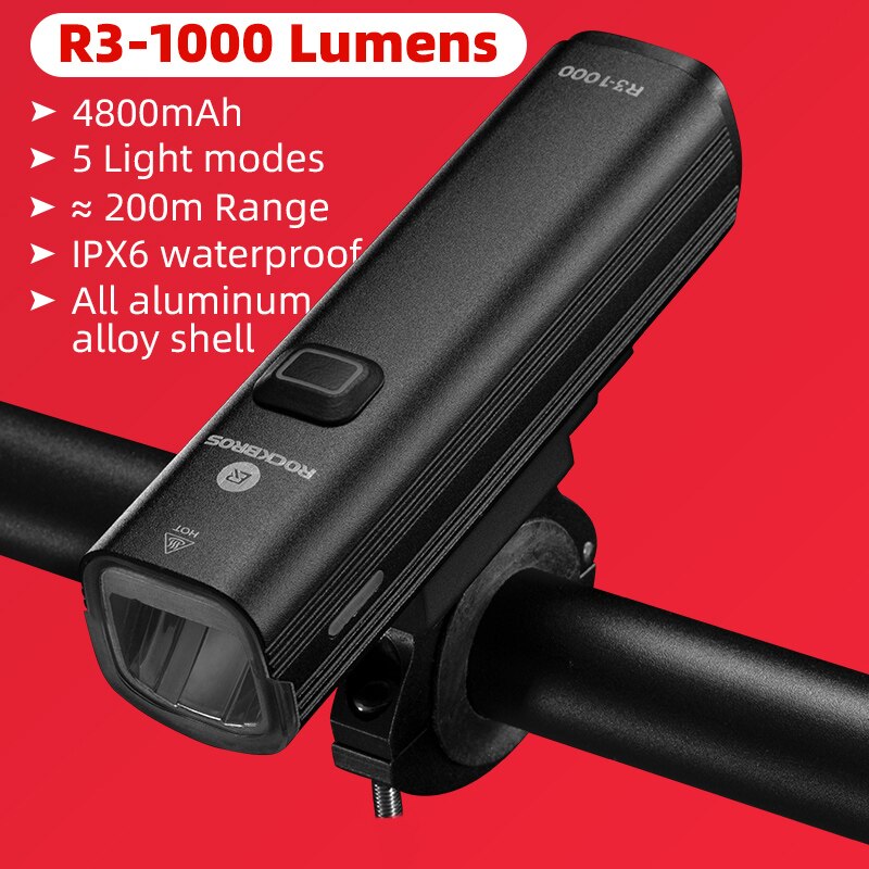 ROCKBROS 800 Lumen Bike Headlight High Power Bicycle Handlebar Front Lamp Waterproof Rechargeable LED Flashlight Cycling Light: R3-1000