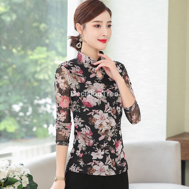 2022 satin silk china shirts cheongsam style traditional chinese clothing for women flower print qipao tops chinese qipao blouse: XXXL